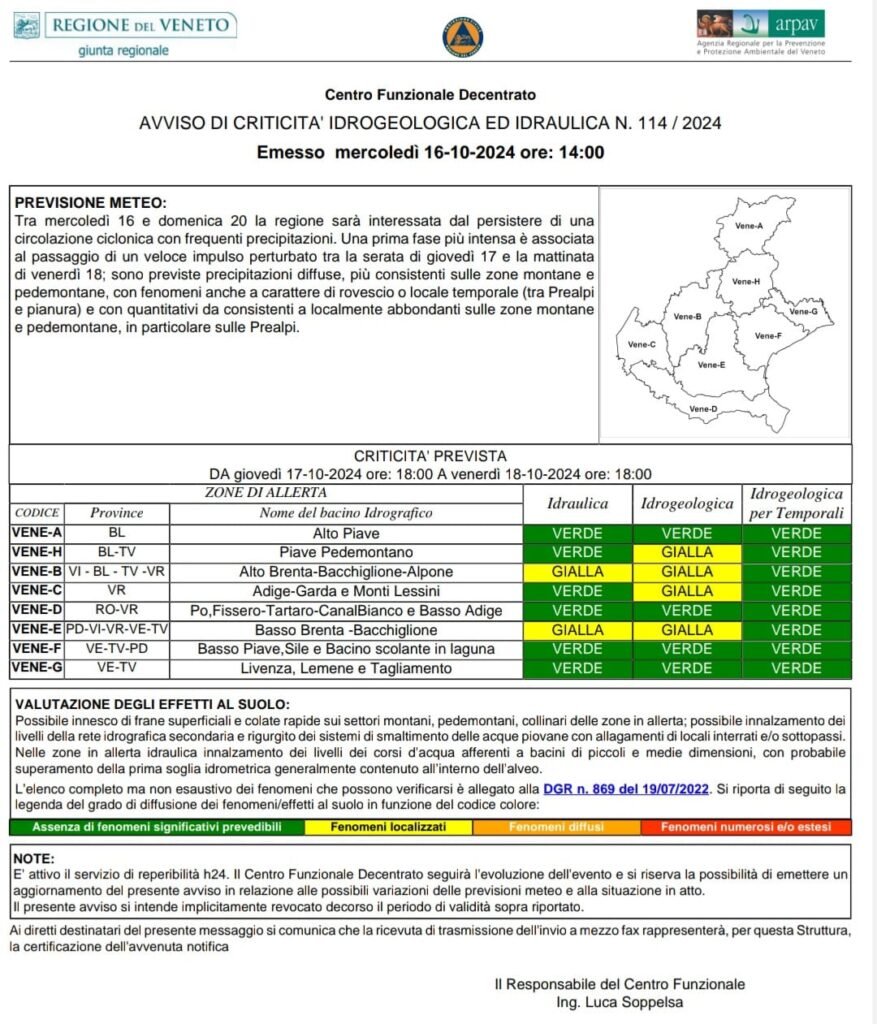 allerta meteo gialla in Veneto